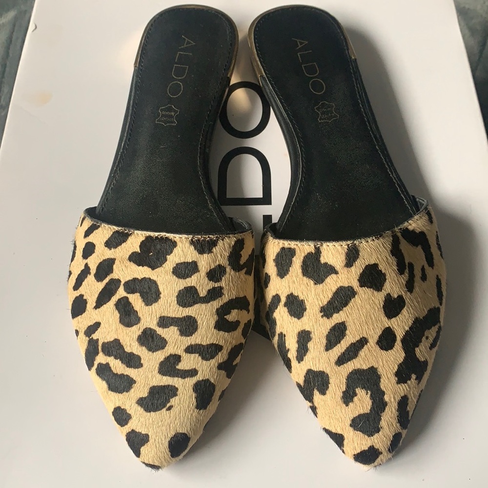 Aldo Leopard Print Pointed Toe Slip-On Flats in Tan and Black